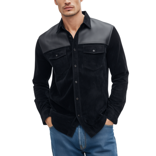 Men's Classic Casual Shoulder Stitching PU Leather Lapel Suede Long-sleeved Shirt DTT25080713