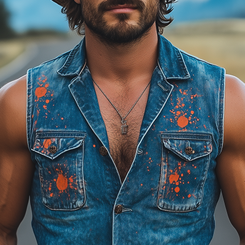 Men's Fashion Casual Washed Denim Personalized Ink Splash V-Neck Slim Vest DTT25062611