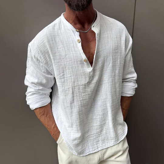 Men's Solid Cotton And Linen Henley Collar Long Sleeve Shirt DTT25060517