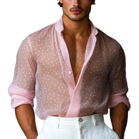 Men's Stylish Polka Dot Transparent Chiffon Lapel Long Sleeve Shirt 9899721949368