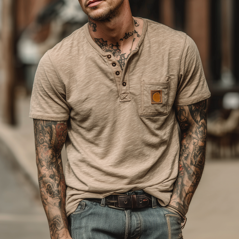 Men's Cotton Blend Henley Neck Short Sleeve T-Shirt DTT25071406
