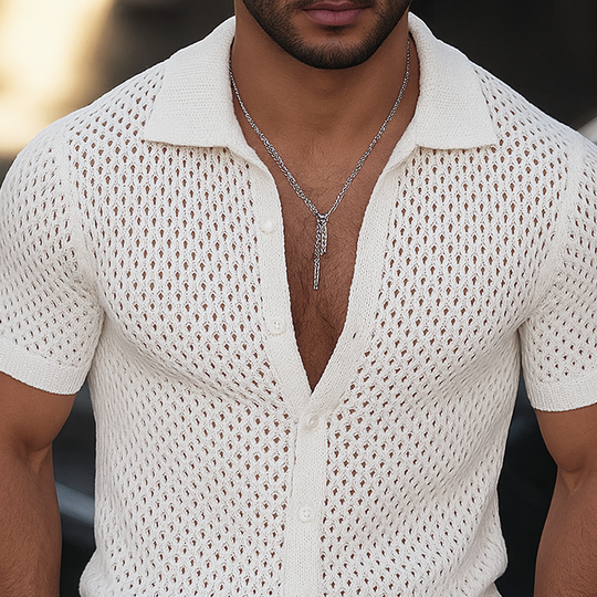 Men's Solid Hollow Knit Lapel Short Sleeve Shirt DTT25062407