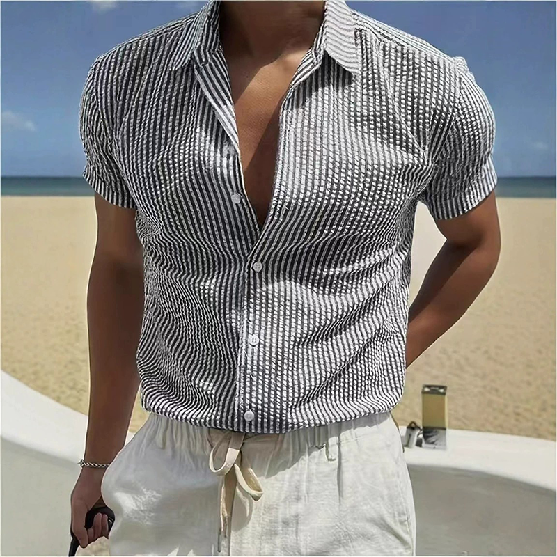 Men's Stripe Print Casual Lapel Short Sleeve Shirt DTT25080615