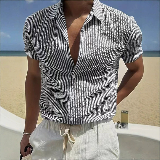 Men's Stripe Print Casual Lapel Short Sleeve Shirt DTT25080615