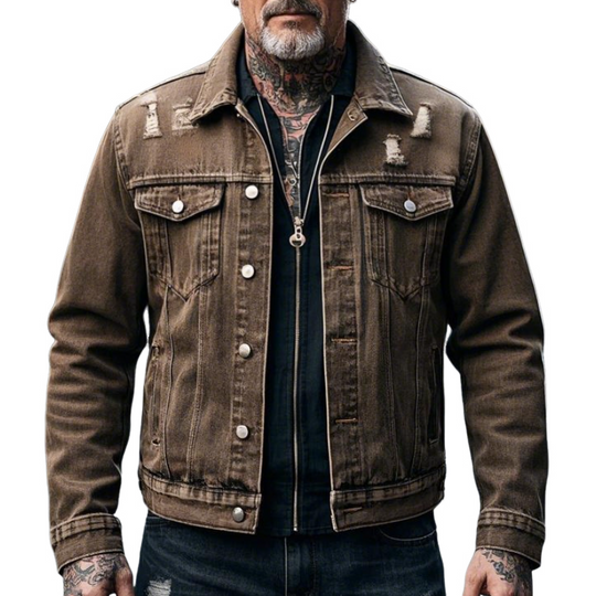 Men's Retro Casual Lapel Ripped Denim Jacket 9903259189432