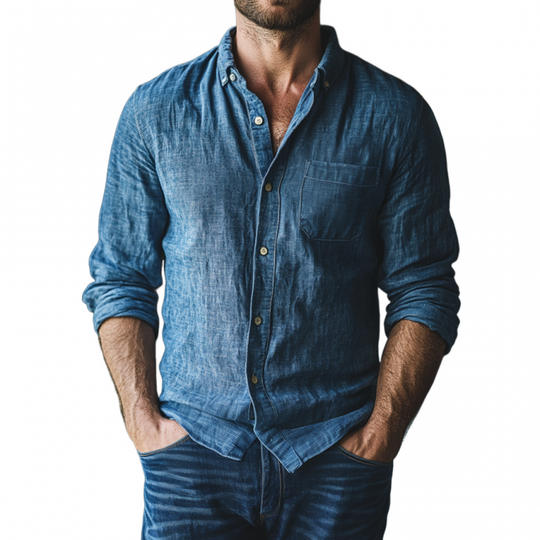 Men's Casual Breathable Linen Lapel Patch Pocket Slim Fit Long Sleeve Shirt DTT25061617