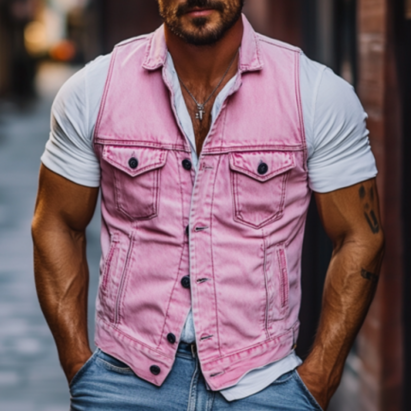 Men's Retro Classic Casual Slim Lapel Multi-Pocket Washed Denim Vest 9906107646136
