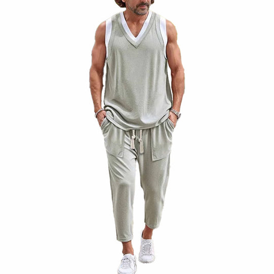 Men's Contrasting Color Vest and Trousers Two-piece Set 9909011579064