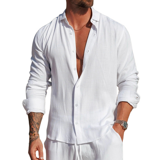 Men's Solid Color Cotton And Linen Lapel Long-sleeved Shirt DTT25090419
