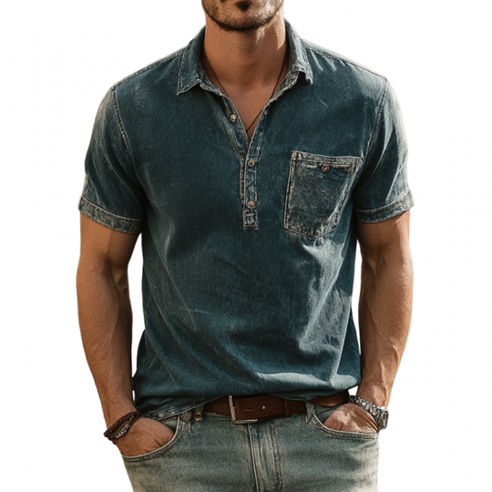 Men's Casual Outdoor Denim Washed Distressed Lapel Patch Pocket Slim Fit Short-sleeved Polo Shirt DTT25062319