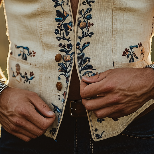 Men's Summer Fashion Embroidery Slub Linen Collared Sleeveless Vest DTT25070113