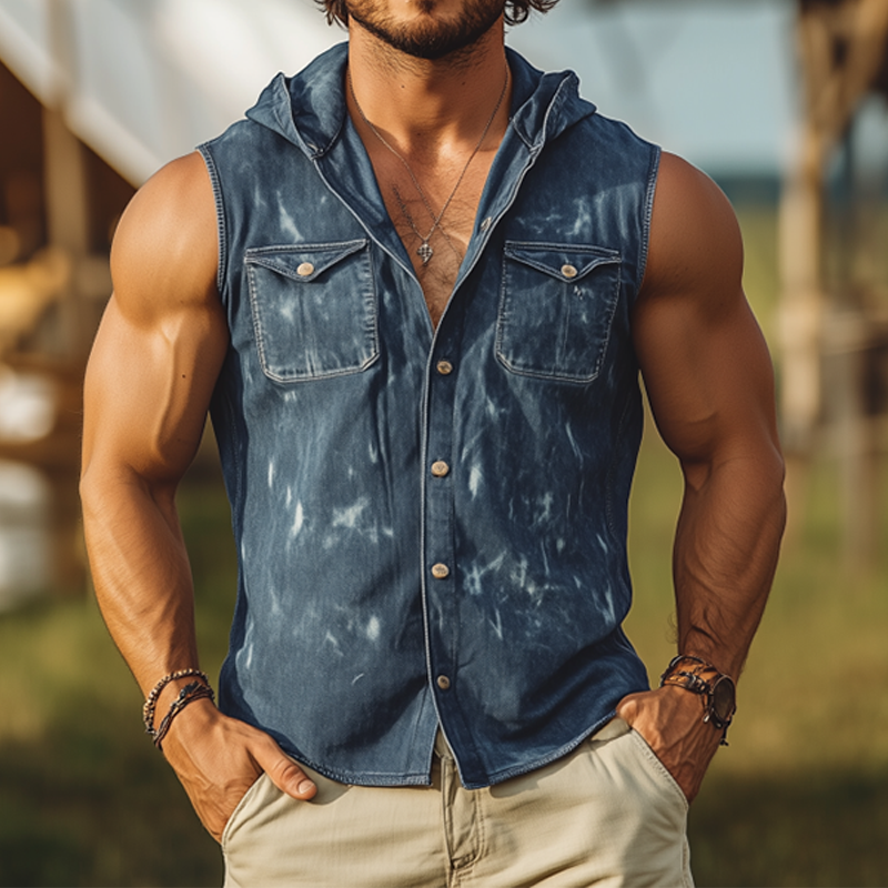 Men's Spring And Summer Fashion Casual Washed Denim Distressed Hooded Sleeveless Shirt DTT25062610