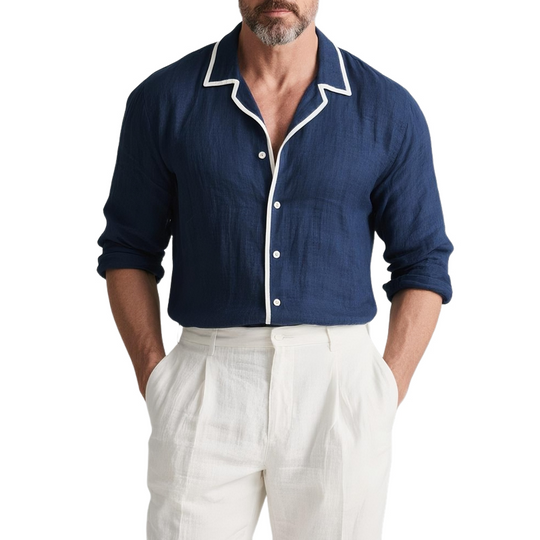 Men's White Trim Lapel Long Sleeve Cotton And Linen Shirt DTT25072911