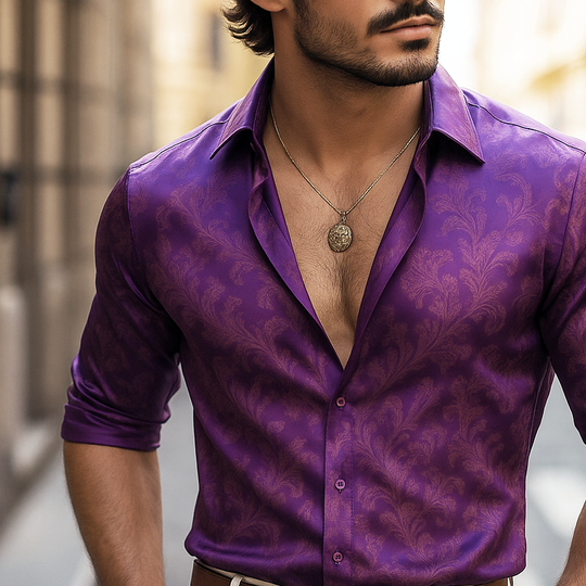 Men's Satin Print Lapel Long Sleeve Shirt DTT25062409