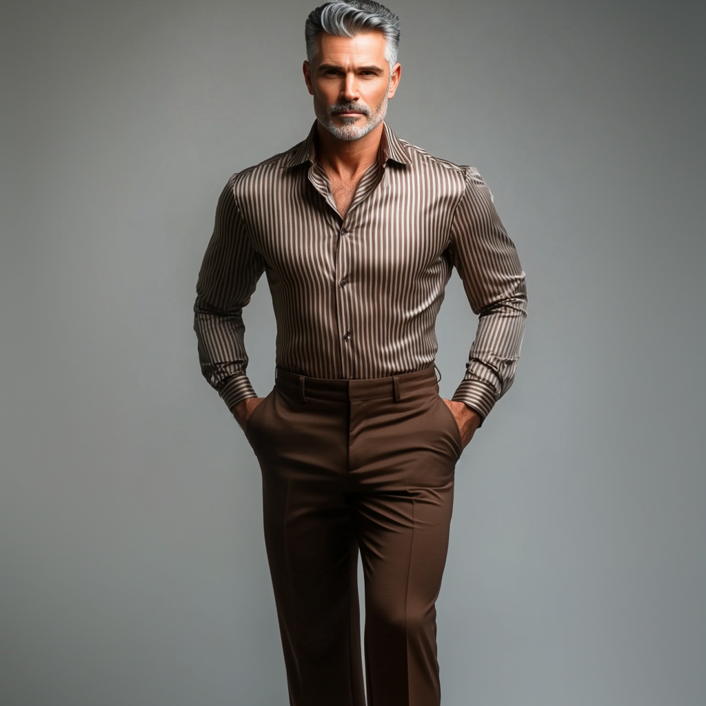 Men's Business Satin Single Breasted Stripe Pattern Long Sleeve Shirt 9913235800248