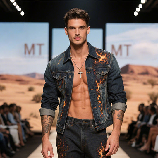 Men's Retro Casual Washed Denim Flame Print Lapel Single Breasted Jacket  DTT25060510