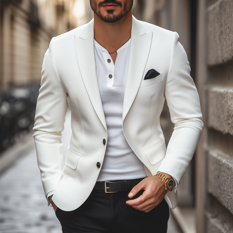 Men's Casual Solid Color Horizontal Striped Textured Fabric Peaked Lapel Single-breasted Slim-fit Blazer DTT25073102