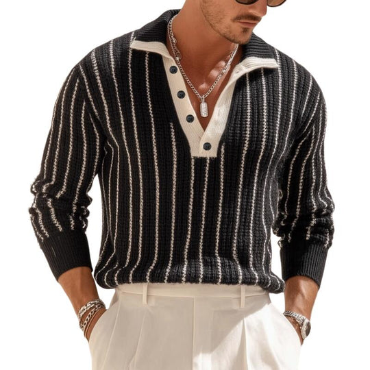 Men's Fashion Contrast Striped Breathable Knit Polo Neck Loose Pullover Sweater DTT25082907