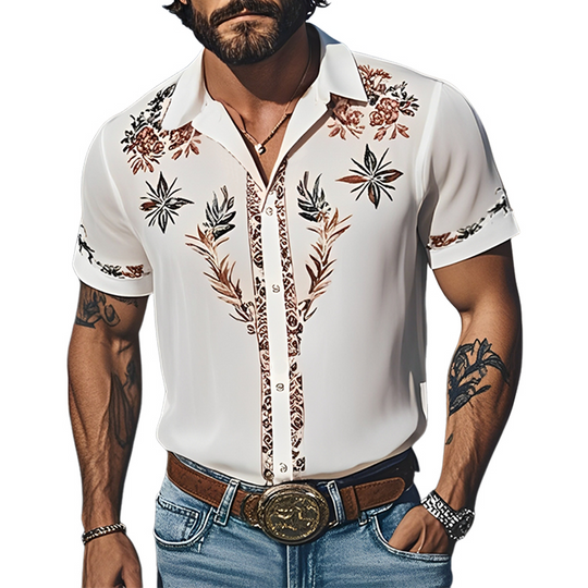Men's Spring And Summer Fashion Casual Western Cowboy Style Light Chiffon Fabric Printed Short-sleeved Shirt DTT25060614