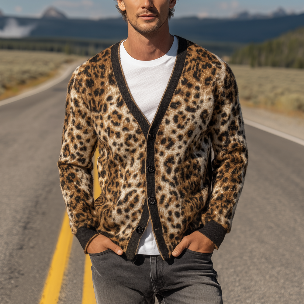 Men's Classic Vintage Leopard Mohair Knitted Slim Fit Cardigan DTT25081416