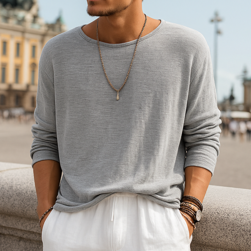 Men's Casual Solid Color Breathable Soft Cotton Round Neck Loose Long Sleeve T-shirt DTT25070209