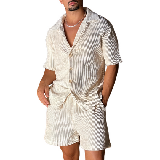 Men's Solid Color Striped Texture Short-sleeved Shorts Two-piece Set DTT25071102
