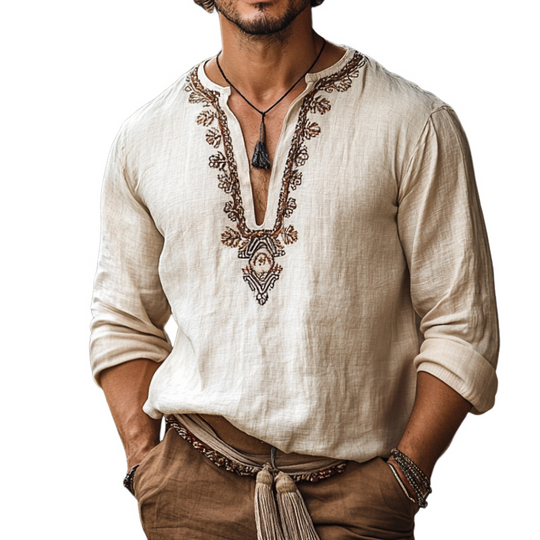 Men's Retro Casual Embroidered Linen V-Neck Long Sleeve Shirt 9901326008504