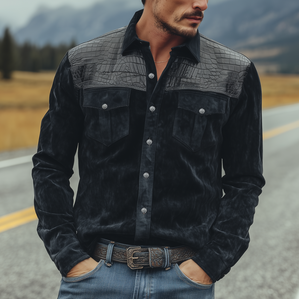 Men's Classic Retro Western Cowboy Style Suede And Textured Leather Long-sleeved Shirt DTT25081318