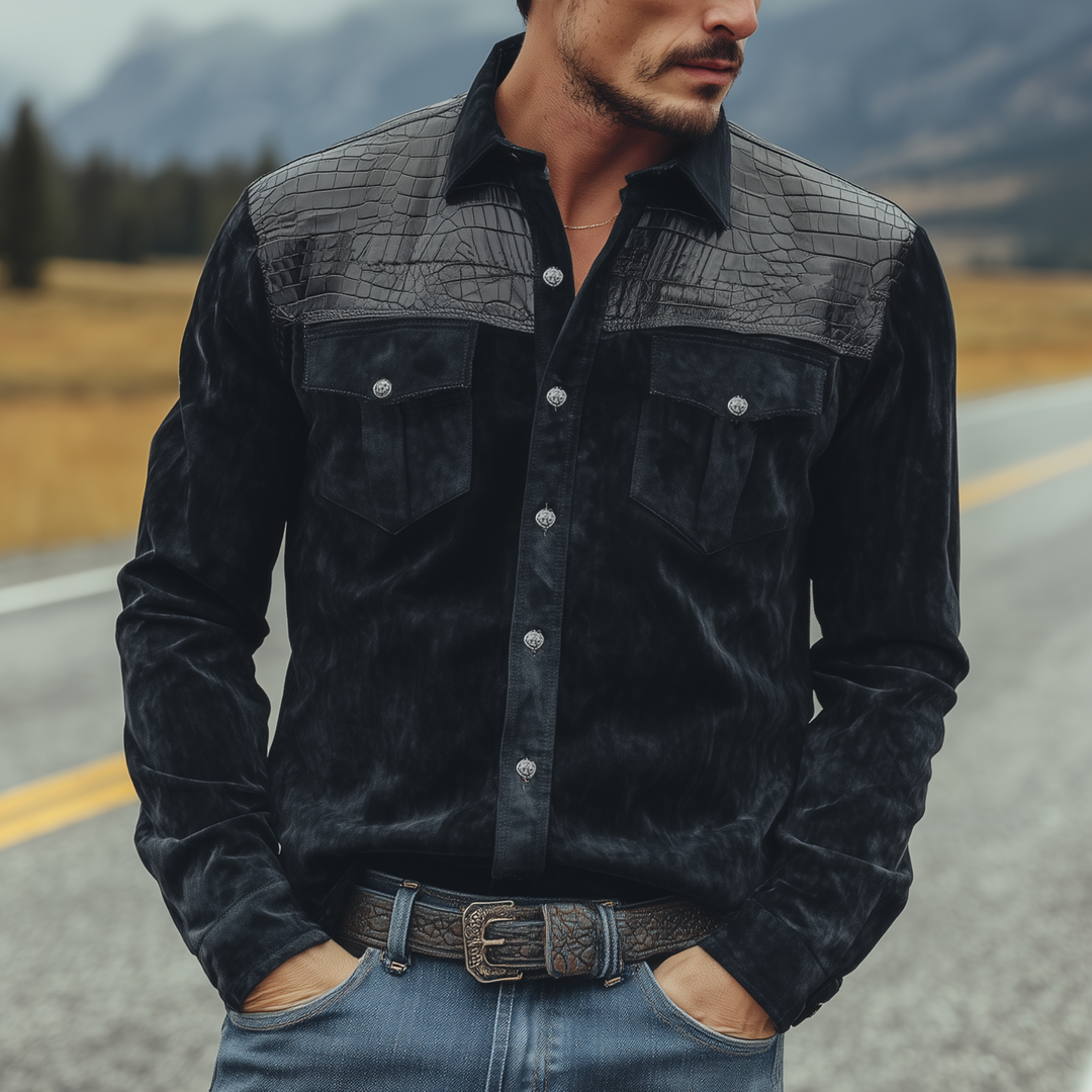 Men's Classic Retro Western Cowboy Style Suede And Textured Leather Long-sleeved Shirt DTT25081318