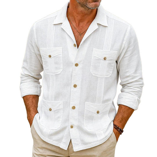 Men's Solid Lapel Multi-pocket Long Sleeve Shirt DTT25072215