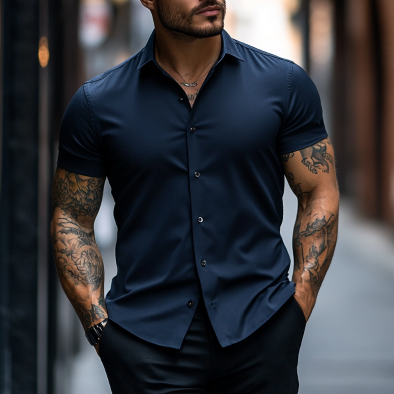Men's Casual Soft Breathable Cotton Lapel Slim Fit Short Sleeve Shirt DTT25060902