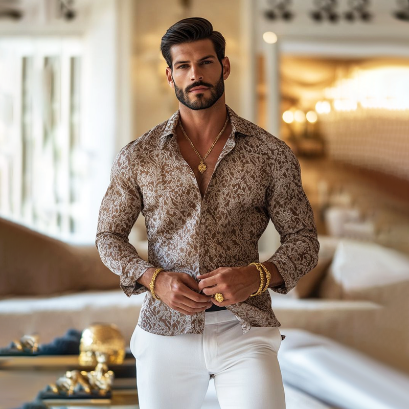 Men's Vintage Print Lapel Long Sleeve Shirt DTT25062024
