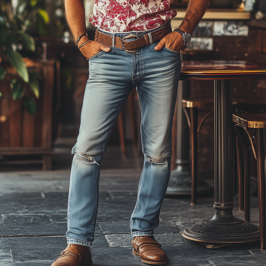 Men's Western Cowboy Style Vintage Ripped Distressed Slim Fit Jeans DTT25061607