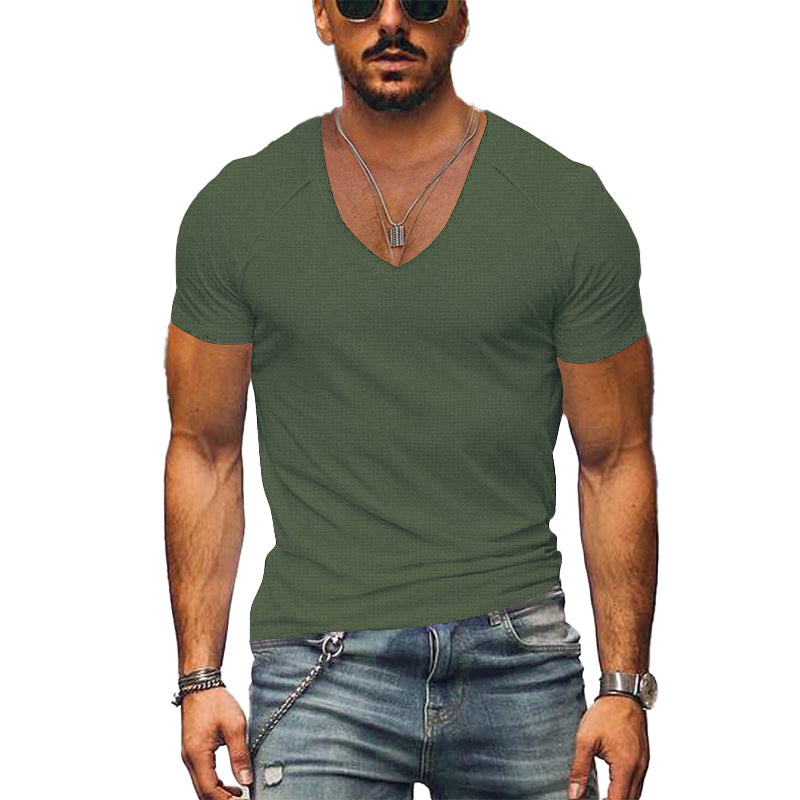 Men's Waffle Solid Color V Neck Solid Color T-Shirt Dtt25081916