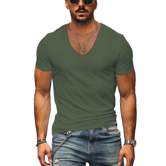 Men's Waffle Solid Color V Neck Solid Color T-Shirt Dtt25081916