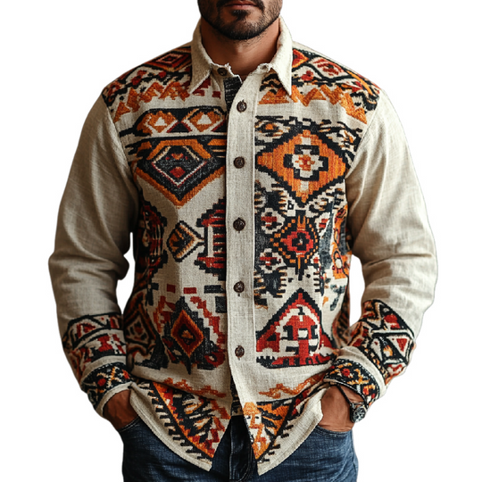 Men's Vintage Cotton and Linen Printed Lapel Long Sleeve Shirt 9901319159992