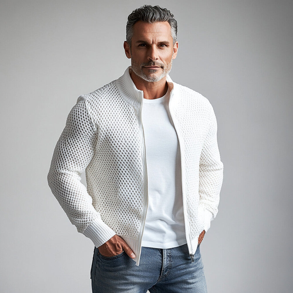 Men's Stand Collar Long Sleeve Hollow Out Knitted Zip Up Jacket 9899606081720