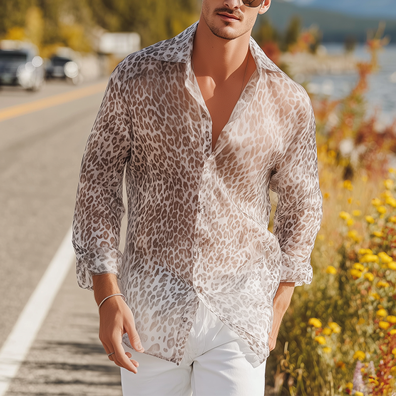 Men's Summer Fashion Casual Chiffon Slightly Transparent Sexy Leopard Print Long Sleeve Shirt DTT25070903