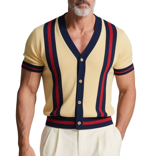Men's Striped V Neck Short Sleeve Knit Cardigan DTT25073116