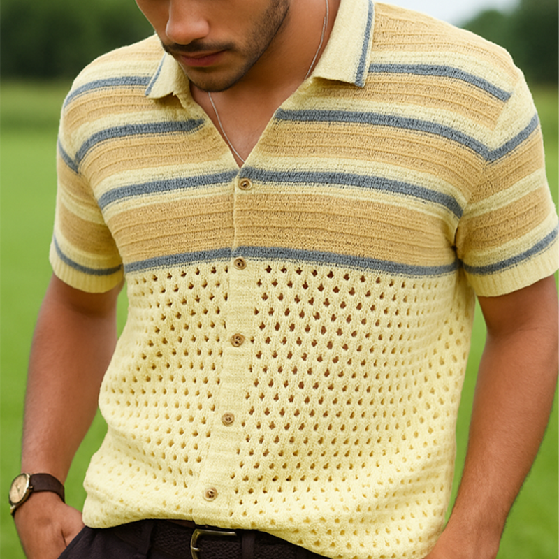 Men's Summer Fashion Colorblock Knitted Short Sleeve Shirt DTT25063020