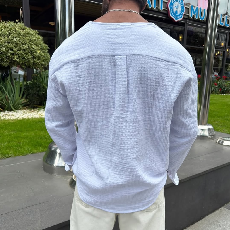 Men's Solid Cotton And Linen Round Neck Long Sleeve Shirt DTT25060518