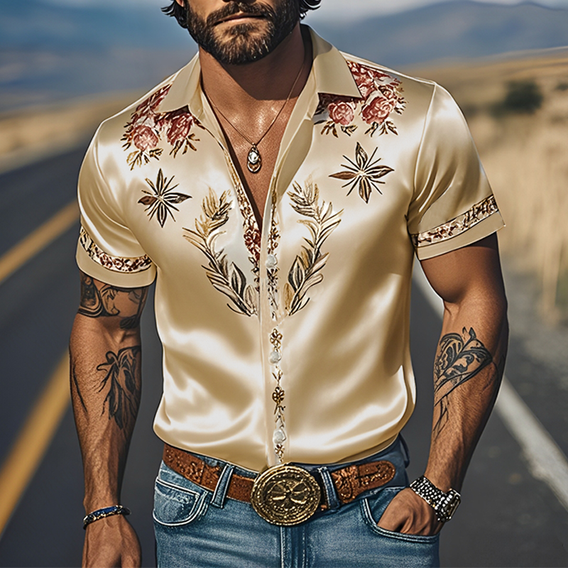 Men's Spring And Summer Fashion Casual Western Cowboy Style Satin Champagne Gold Print Short Sleeve Shirt DTT25060615