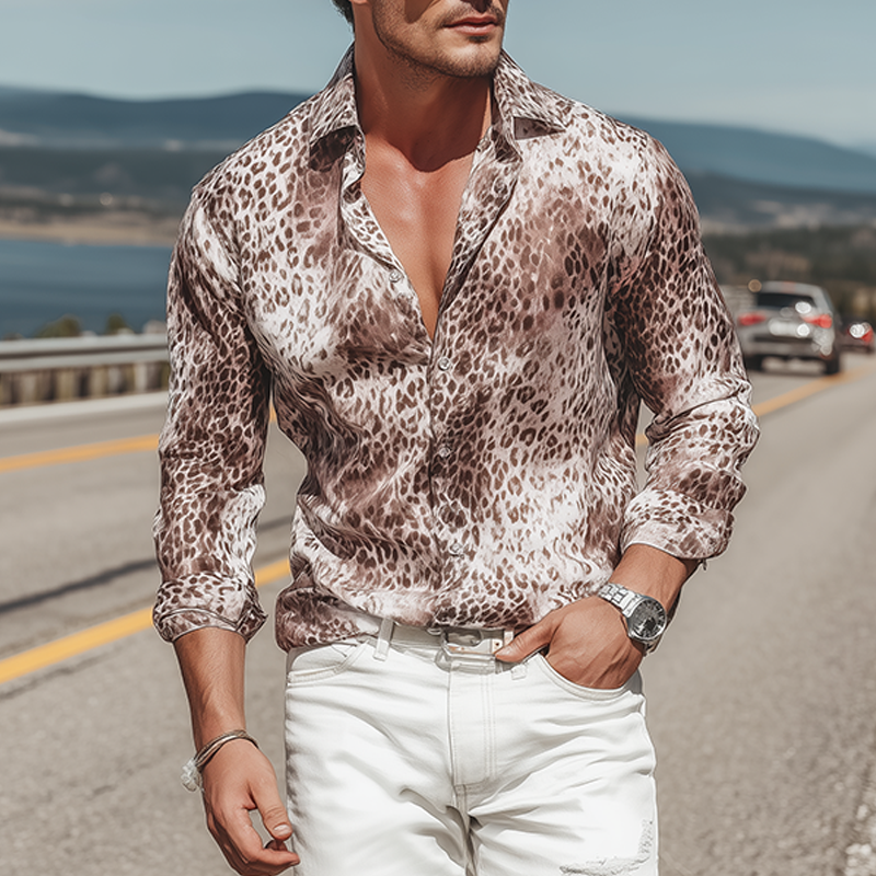 Men's Spring And Summer Fashion Casual Satin Leopard Print Long Sleeve Shirt DTT25070901