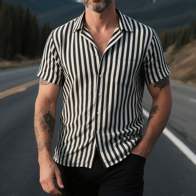 Men's Retro Casual Striped Print Lapel Short Sleeve Shirt DTT25071812
