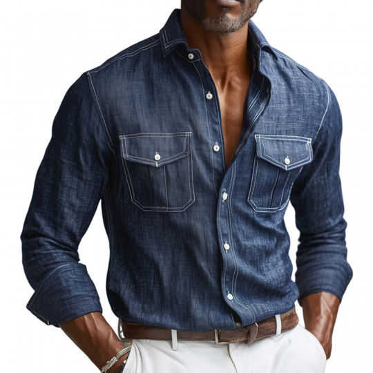 Men's Casual Breathable Cotton Linen Lapel Chest Pocket Slim Fit Long Sleeve Shirt DTT25071512