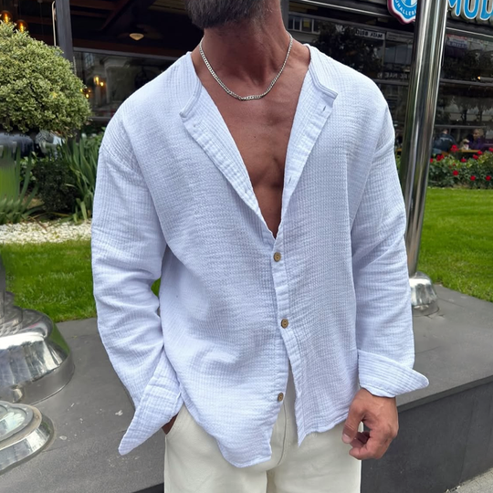 Men's Solid Cotton And Linen Round Neck Long Sleeve Shirt DTT25060518