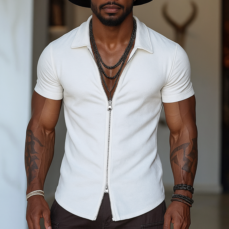 Men's Solid Zipper Lapel Short Sleeve Shirt DTT25072214