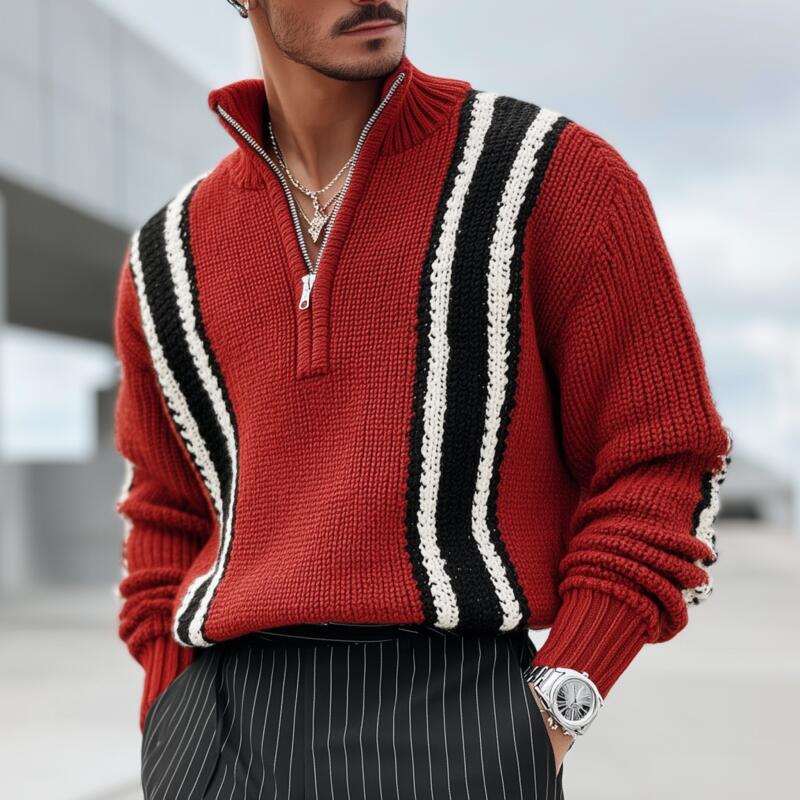 Men's Vintage Contrast Striped Breathable Knit Zipper Stand Collar Loose Pullover Sweater DTT25082908