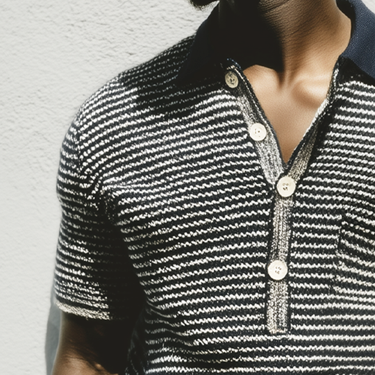 Men's Summer Classic Black And White Striped Polo Neck Knitted T-Shirt DTT25071011