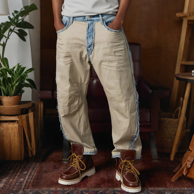 Men's Fashion Washed Denim Stitching Cotton Loose Straight Cargo Pants DTT25062715